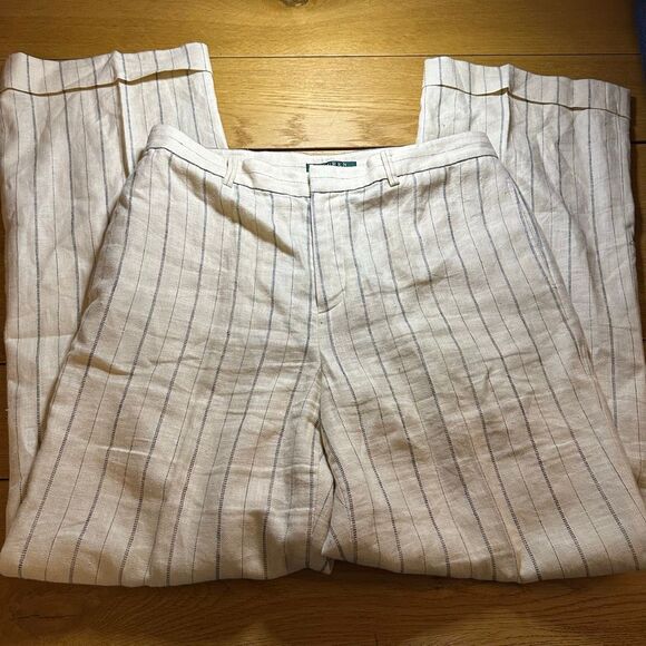 Ralph Lauren wide leg linen blend striped pants cream 10 - Picture 2 of 9